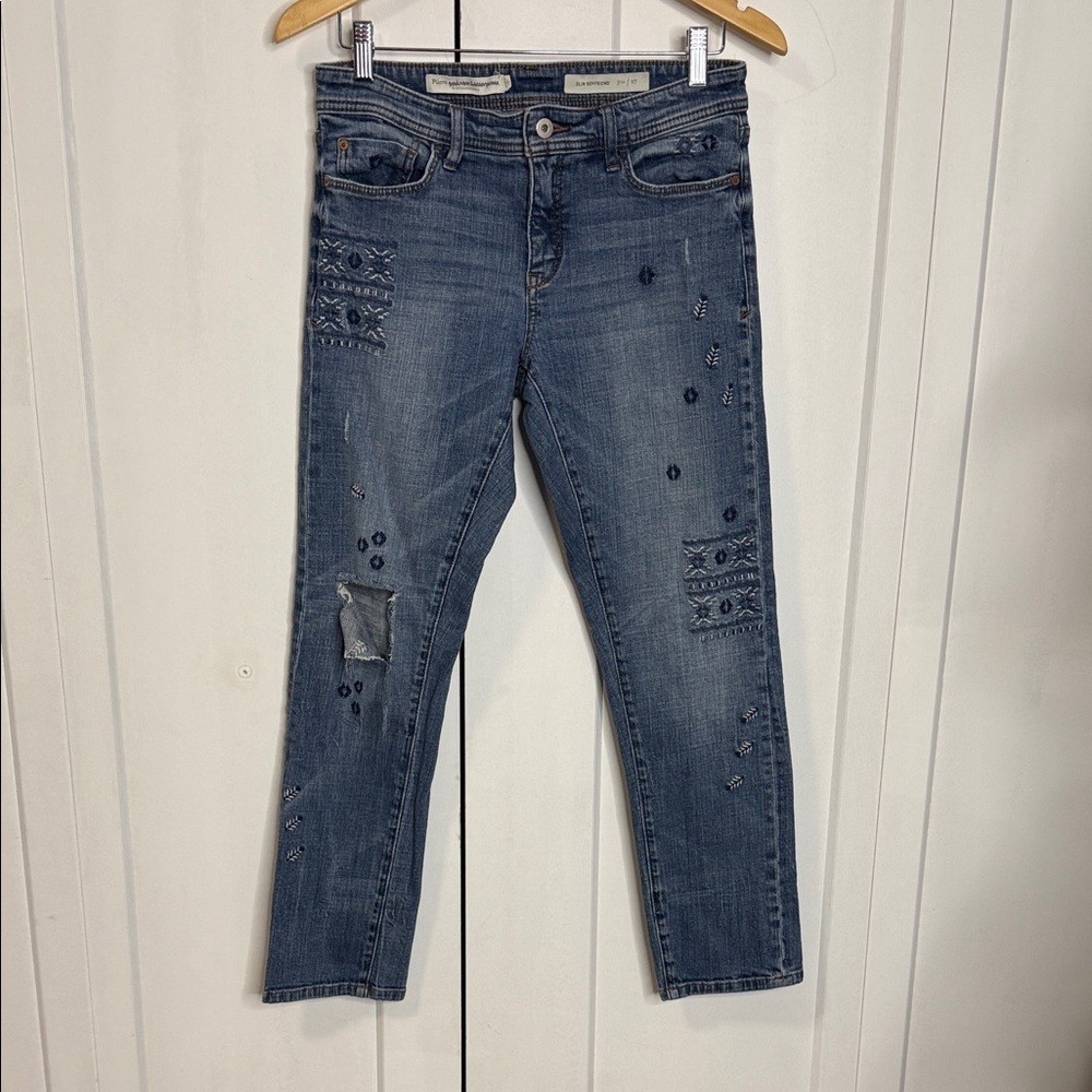 Pilcro Anthropologie 27 Distressed Blue Ankle Jeans - Embroidered - Slim Boyfrie